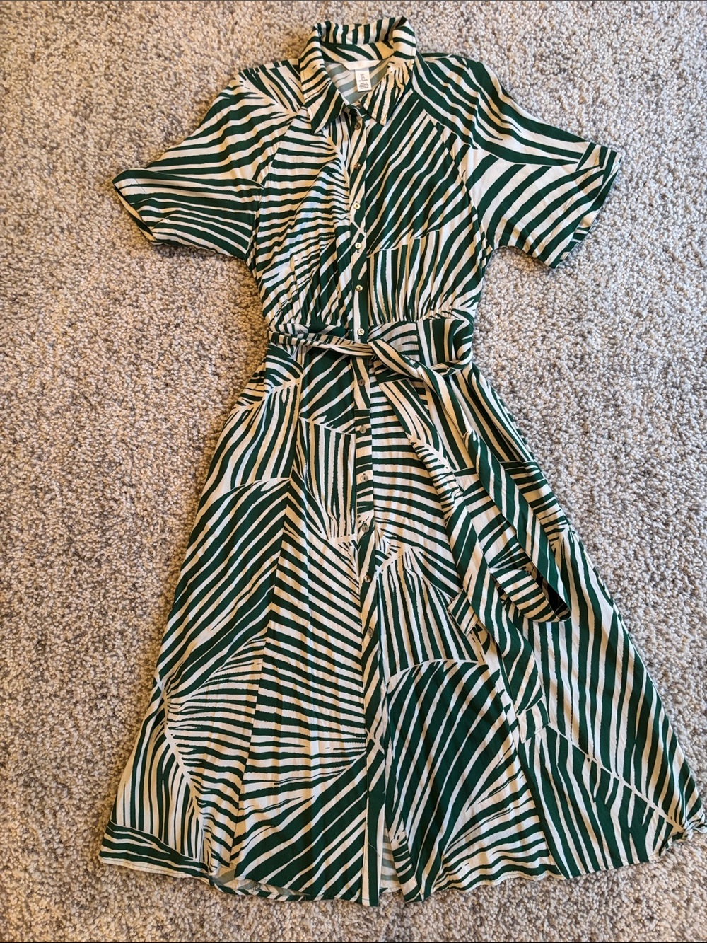 Green & Cream 🌴 Striped Tie-Waist Shirt Dress - Picture 3 of 4